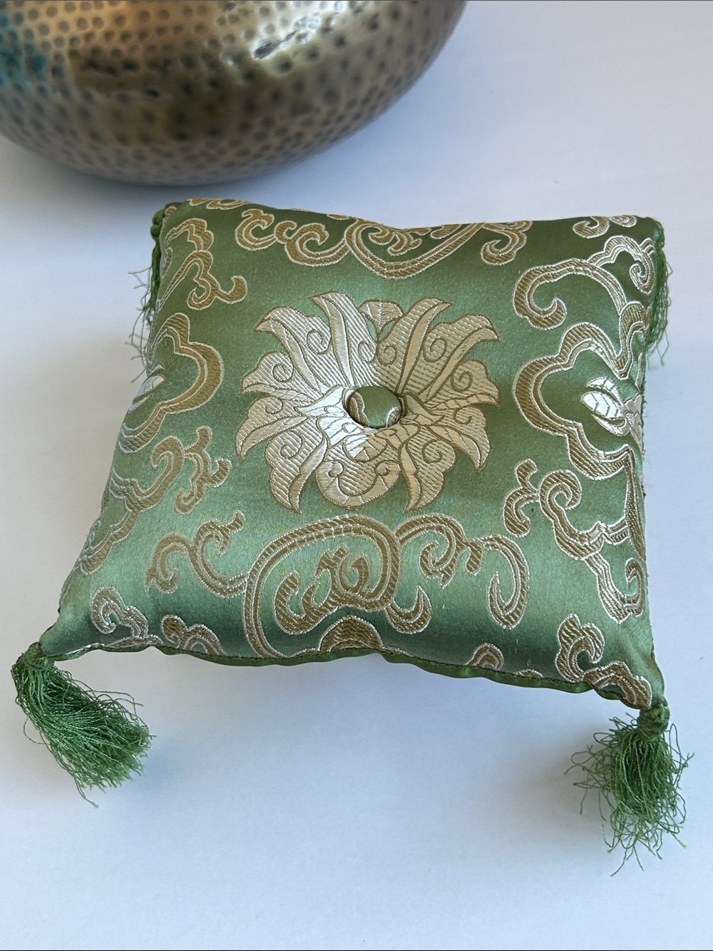 Vintage Silk Embossed Green & Cream Paisley Accent Pillow with Braided Tassels